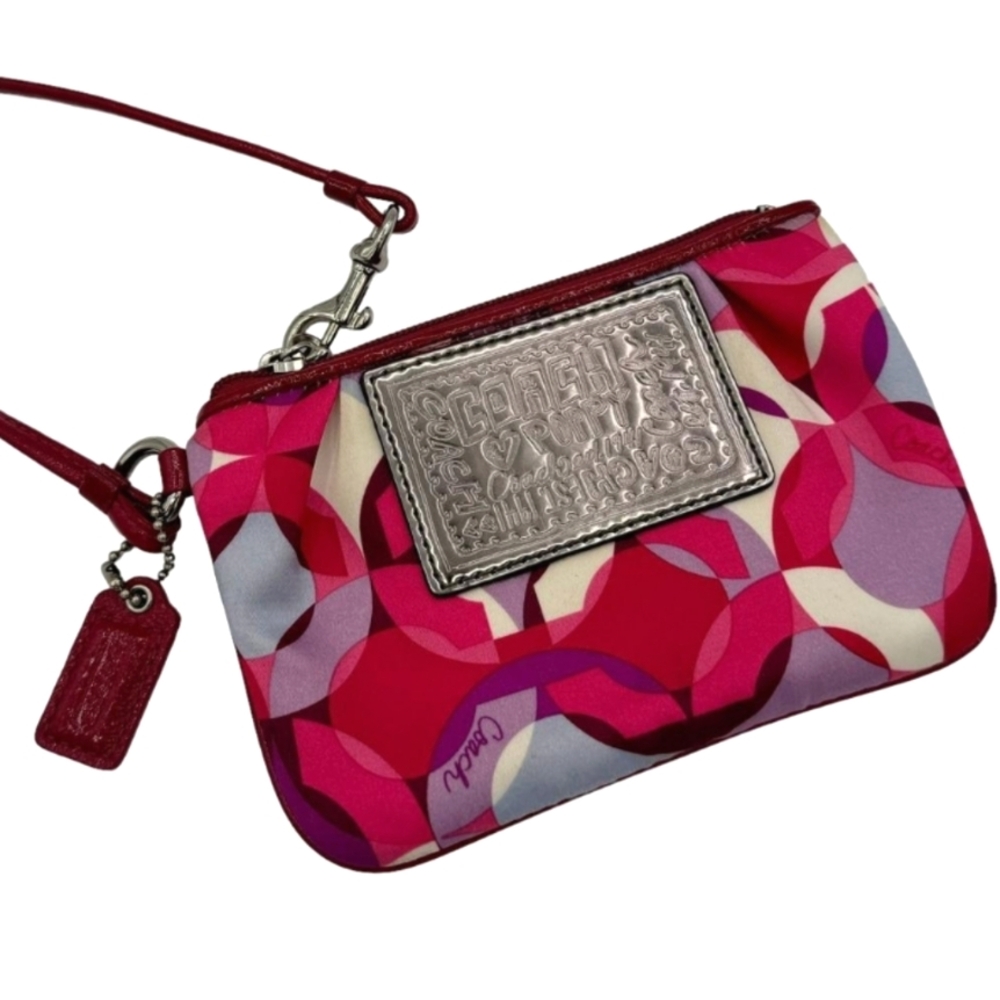 Coach Poppy Logo Satin Pink purple white Wristlet Coin Wallet Tiny Purse